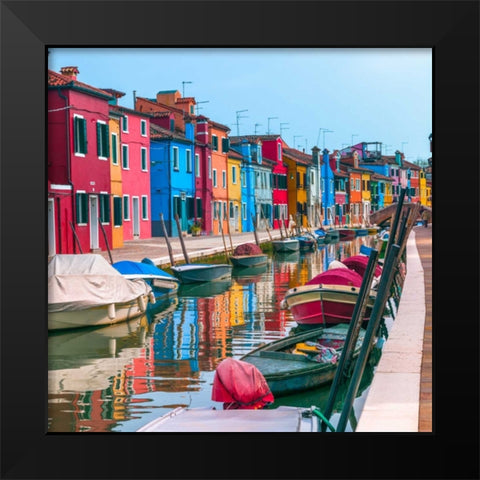 Multi-Coloured houses next to a canal, Burano, Italy Black Modern Wood Framed Art Print by Frank, Assaf