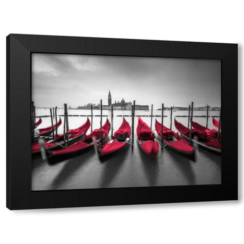 Bunch of Roses and umbrella on pier with gondolas moored in canal, Venice, Italy Black Modern Wood Framed Art Print by Frank, Assaf