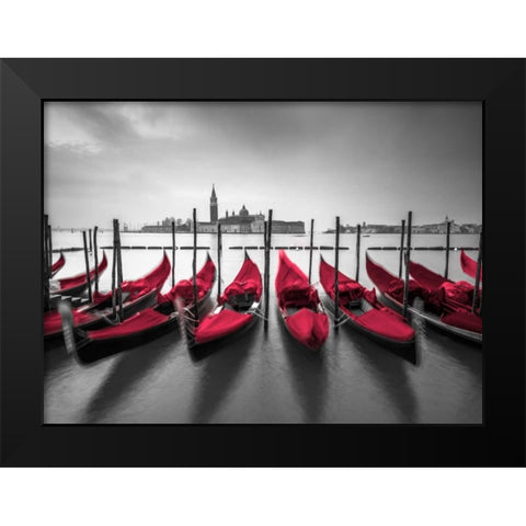 Bunch of Roses and umbrella on pier with gondolas moored in canal, Venice, Italy Black Modern Wood Framed Art Print by Frank, Assaf