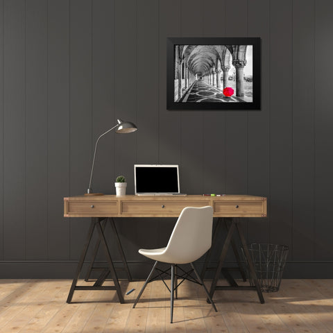 Bunch of Roses and an umbrella on a bench, Venice, Italy Black Modern Wood Framed Art Print by Frank, Assaf