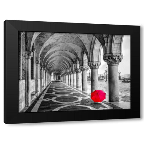 Bunch of Roses and an umbrella on a bench, Venice, Italy Black Modern Wood Framed Art Print by Frank, Assaf