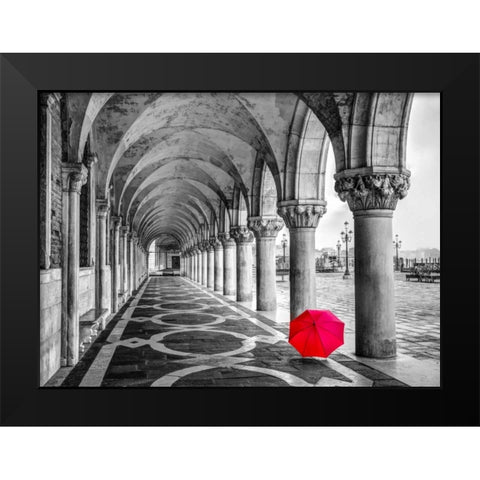 Bunch of Roses and an umbrella on a bench, Venice, Italy Black Modern Wood Framed Art Print by Frank, Assaf