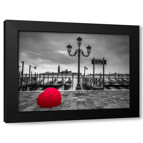 Heart shaped umbrella next to lamp post at Gondola hiring point, Venice, Italy Black Modern Wood Framed Art Print by Frank, Assaf