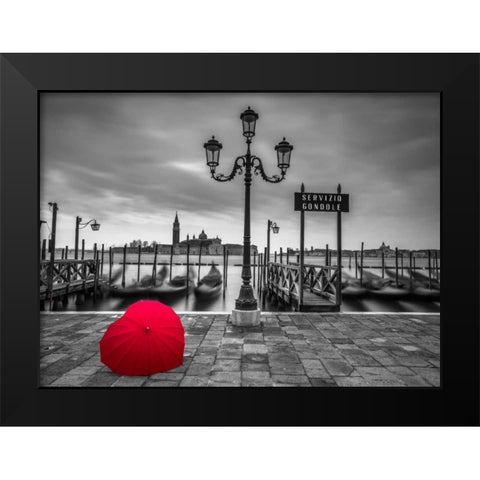 Heart shaped umbrella next to lamp post at Gondola hiring point, Venice, Italy Black Modern Wood Framed Art Print by Frank, Assaf