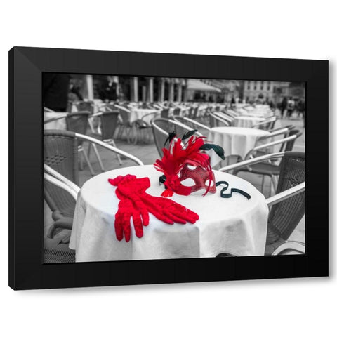 Female hand gloves with Venetian mask on cafe table, Venice, Italy Black Modern Wood Framed Art Print by Frank, Assaf