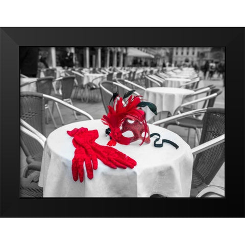 Female hand gloves with Venetian mask on cafe table, Venice, Italy Black Modern Wood Framed Art Print by Frank, Assaf