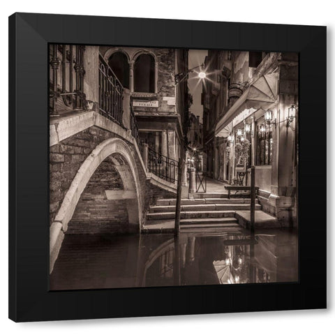 Night shot of cafe by narrow canal-Venice-Italy Black Modern Wood Framed Art Print by Frank, Assaf