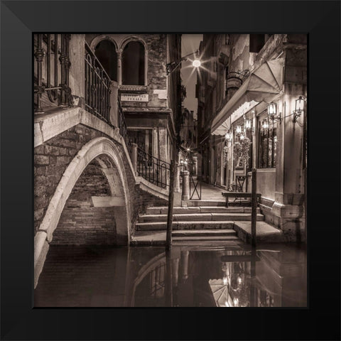 Night shot of cafe by narrow canal-Venice-Italy Black Modern Wood Framed Art Print by Frank, Assaf