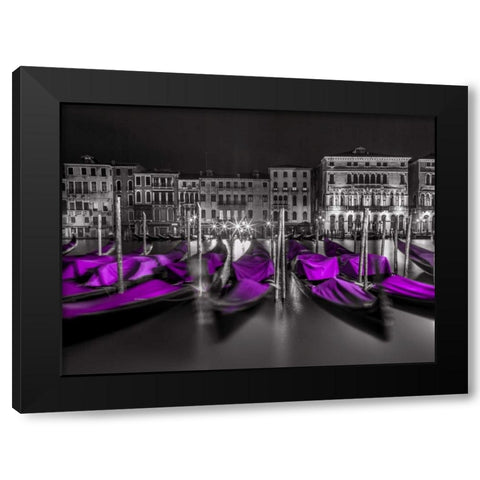 Night shot of grand canal with illuminated buildings and gondolas, Venice, Italy Black Modern Wood Framed Art Print by Frank, Assaf