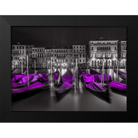 Night shot of grand canal with illuminated buildings and gondolas, Venice, Italy Black Modern Wood Framed Art Print by Frank, Assaf