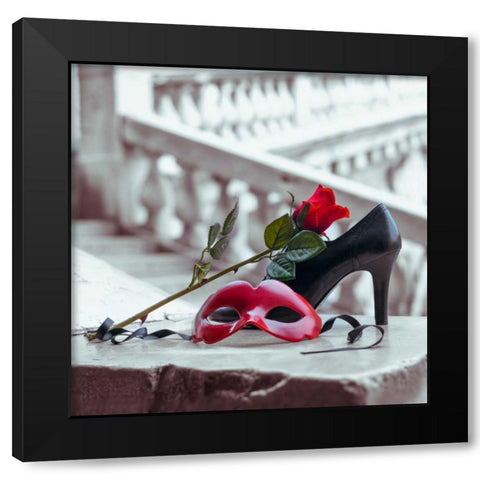 Venetian mask and high heel shoe with red rose, Rialto bridge, Venice, Italy Black Modern Wood Framed Art Print by Frank, Assaf