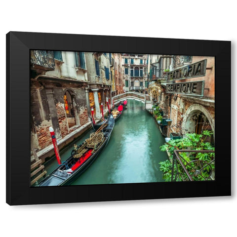 Gondola in narrow canal through old buildings, Venice, Italy Black Modern Wood Framed Art Print by Frank, Assaf