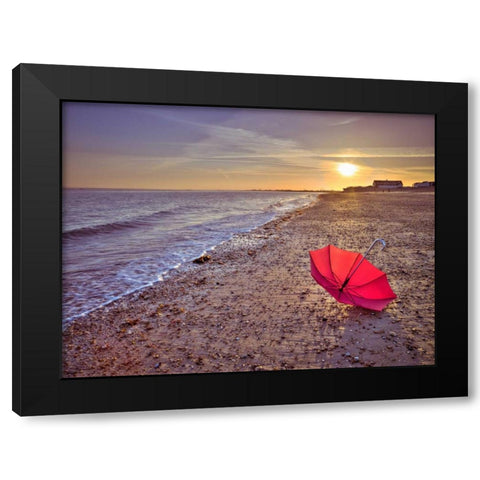 Row of beach huts at sunset, Hayling Island Black Modern Wood Framed Art Print by Frank, Assaf