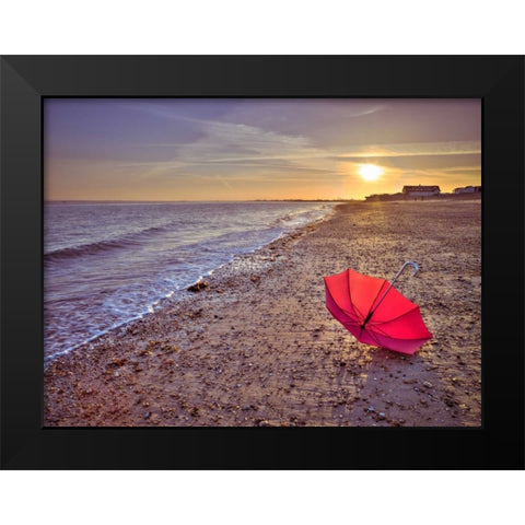 Row of beach huts at sunset, Hayling Island Black Modern Wood Framed Art Print by Frank, Assaf