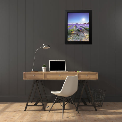 Bicycle with flowers in a Lavender field Black Modern Wood Framed Art Print by Frank, Assaf