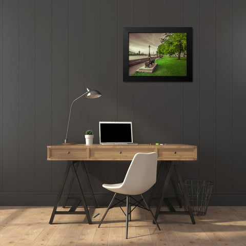 Bench at the park by the river Thames, London, UK Black Modern Wood Framed Art Print by Frank, Assaf