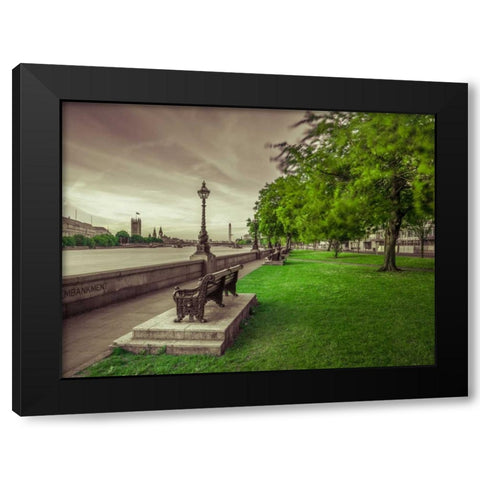 Bench at the park by the river Thames, London, UK Black Modern Wood Framed Art Print by Frank, Assaf