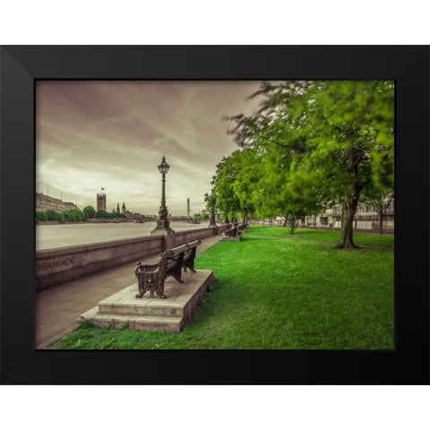 Bench at the park by the river Thames, London, UK Black Modern Wood Framed Art Print by Frank, Assaf