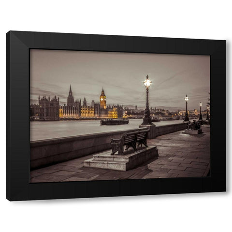 Benchs by the walkway next to river thames, London, Uk Black Modern Wood Framed Art Print by Frank, Assaf