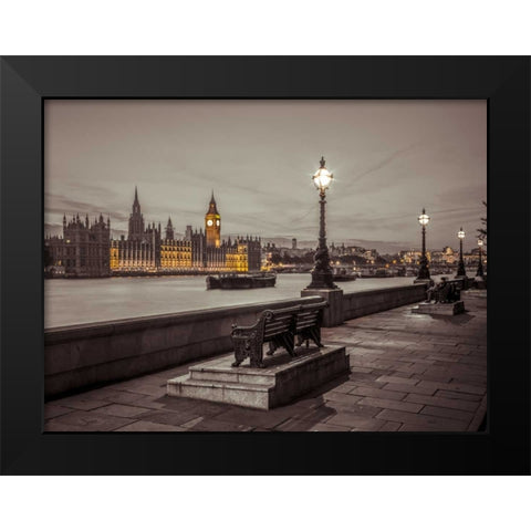 Benchs by the walkway next to river thames, London, Uk Black Modern Wood Framed Art Print by Frank, Assaf