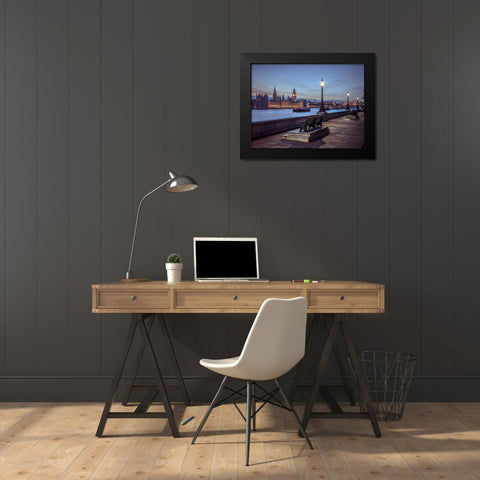 Benchs by the walkway next to river thames, London, Uk Black Modern Wood Framed Art Print by Frank, Assaf