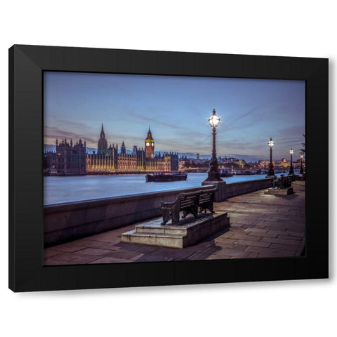 Benchs by the walkway next to river thames, London, Uk Black Modern Wood Framed Art Print by Frank, Assaf