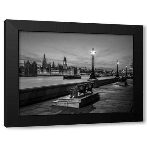 Benchs by the walkway next to river thames, London, Uk Black Modern Wood Framed Art Print by Frank, Assaf
