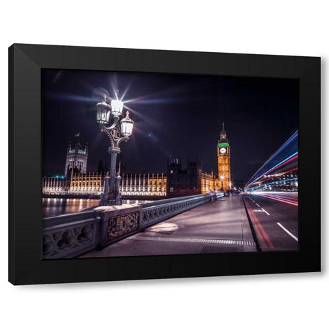 Westminster Bridge on river Thames with strip lights, London, UK Black Modern Wood Framed Art Print with Double Matting by Frank, Assaf