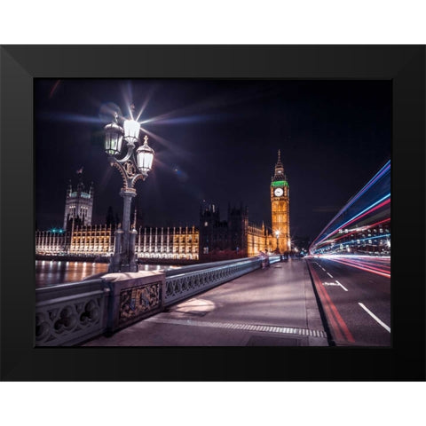 Westminster Bridge on river Thames with strip lights, London, UK Black Modern Wood Framed Art Print by Frank, Assaf