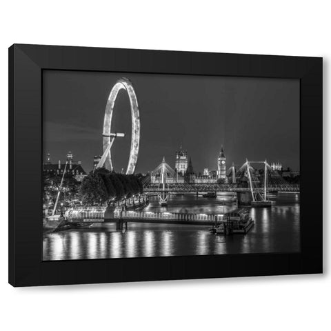 Night shot of river thames with London Eye, London, UK Black Modern Wood Framed Art Print by Frank, Assaf