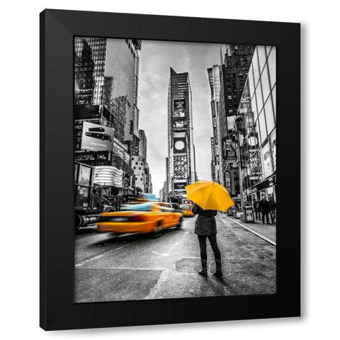 Man with yellow umbrella at Times square, New York Black Modern Wood Framed Art Print by Frank, Assaf