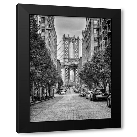 Manhattan Bridge seen from the Dumbo neighborhood in Brooklyn, New York Black Modern Wood Framed Art Print by Frank, Assaf