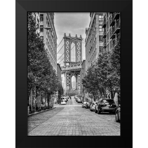 Manhattan Bridge seen from the Dumbo neighborhood in Brooklyn, New York Black Modern Wood Framed Art Print by Frank, Assaf