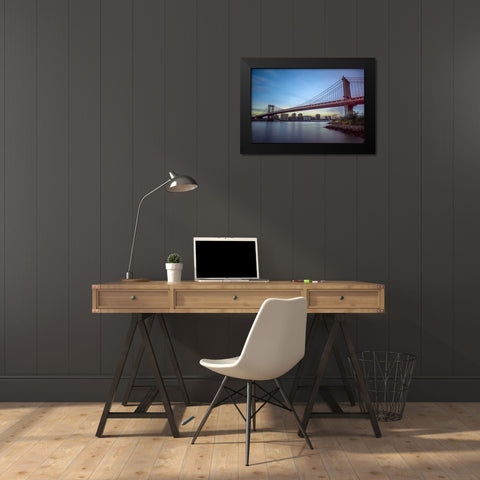 Manhattan Bridge over east river, New York Black Modern Wood Framed Art Print by Frank, Assaf
