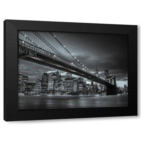 Brooklyn Bridge and lower Manhattan skyline at dusk, New York Black Modern Wood Framed Art Print by Frank, Assaf