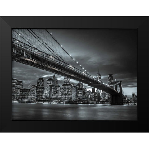 Brooklyn Bridge and lower Manhattan skyline at dusk, New York Black Modern Wood Framed Art Print by Frank, Assaf