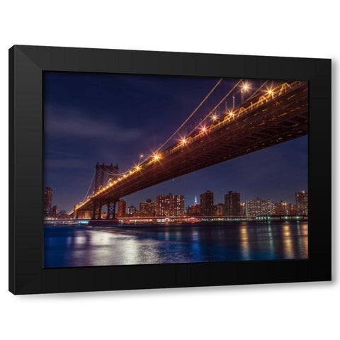 Brooklyn Bridge and lower Manhattan skyline at dusk, New York Black Modern Wood Framed Art Print by Frank, Assaf