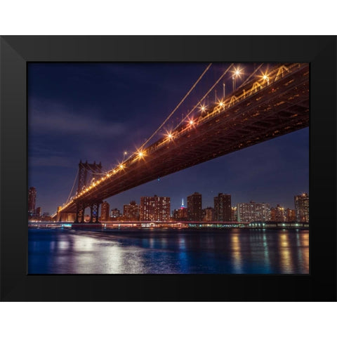Brooklyn Bridge and lower Manhattan skyline at dusk, New York Black Modern Wood Framed Art Print by Frank, Assaf