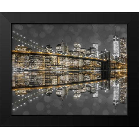 Brooklyn Bridge and lower Manhattan skyline at dusk, New York Black Modern Wood Framed Art Print by Frank, Assaf