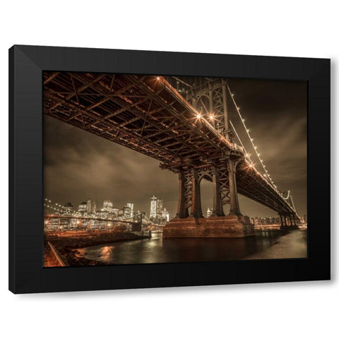 Manhattan Bridge over east river at dusk, New York Black Modern Wood Framed Art Print by Frank, Assaf