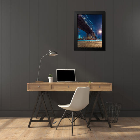 Manhattan Bridge over east river at dusk, New York Black Modern Wood Framed Art Print by Frank, Assaf