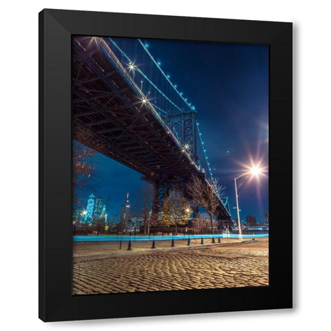 Manhattan Bridge over east river at dusk, New York Black Modern Wood Framed Art Print by Frank, Assaf