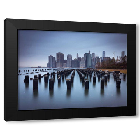 Lower Manhattan Skyline with pier pilings in east river, New York, USA Black Modern Wood Framed Art Print with Double Matting by Frank, Assaf