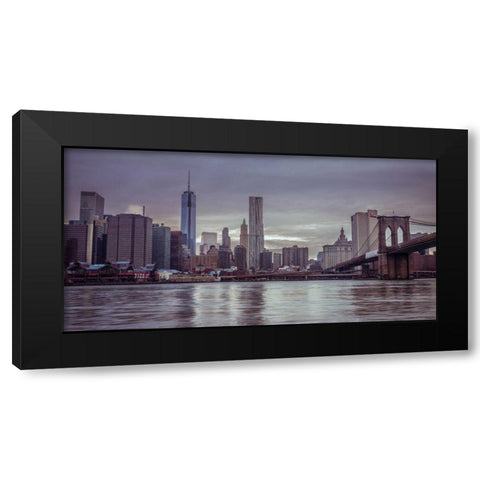 Lower Manhattan skyline with Brooklyn Bridge, New York Black Modern Wood Framed Art Print by Frank, Assaf