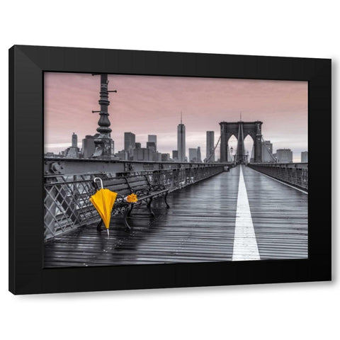 Yellow umbrella and bunch of roses on bench on pedestrian pathway, Brooklyn bridge, New York Black Modern Wood Framed Art Print by Frank, Assaf