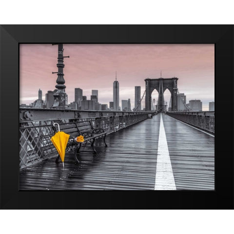 Yellow umbrella and bunch of roses on bench on pedestrian pathway, Brooklyn bridge, New York Black Modern Wood Framed Art Print by Frank, Assaf