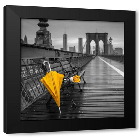 Yellow umbrella and bunch of roses on bench on pedestrian pathway, Brooklyn bridge, New York Black Modern Wood Framed Art Print by Frank, Assaf
