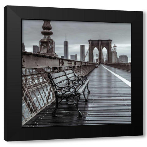 Empty bench on the pedestrian walkway of the Brooklyn Bridge, New York Black Modern Wood Framed Art Print with Double Matting by Frank, Assaf