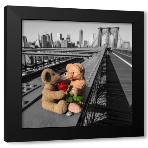 Pair of teddy bears with a red rose on Brooklyn Bridge, New York Black Modern Wood Framed Art Print with Double Matting by Frank, Assaf