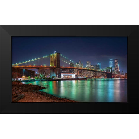 Evening shot of Brooklyn Bridge and Lower Manhattan skyline, New York Black Modern Wood Framed Art Print by Frank, Assaf